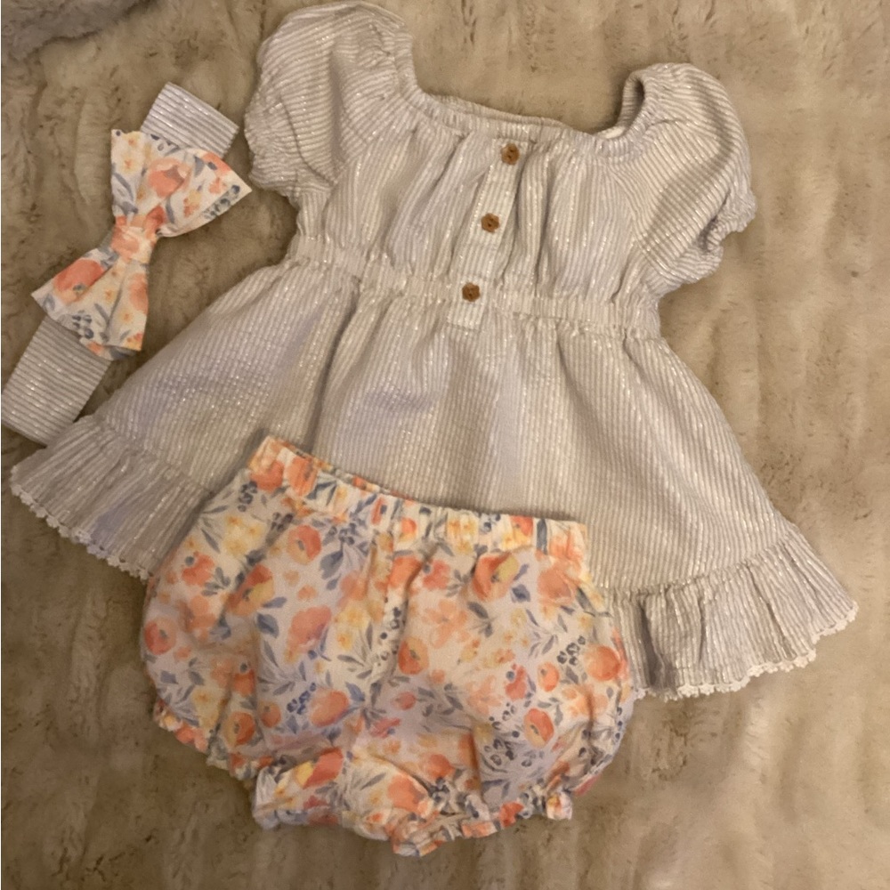 Striped Gray Top and Floral Bloomers Set